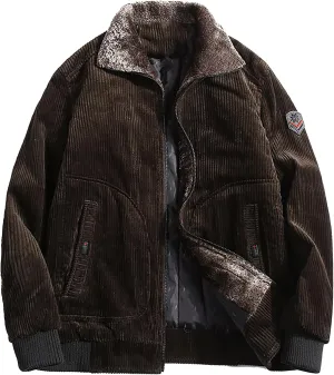 Men's Retro Sherpa Fleece Lined Corduroy Trucker Jackets Lapel Full Zip Faux Fur Neck Thickened Winter Thermal Coats