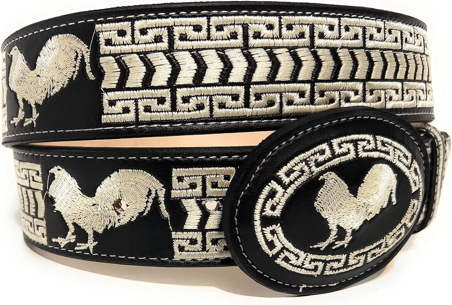 Men's Rooster Embroidered Western Leather Belt, Cinto Vaquero Bordado Con Gallo