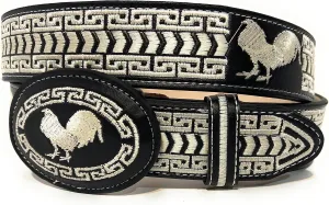 Men's Rooster Embroidered Western Leather Belt, Cinto Vaquero Bordado Con Gallo