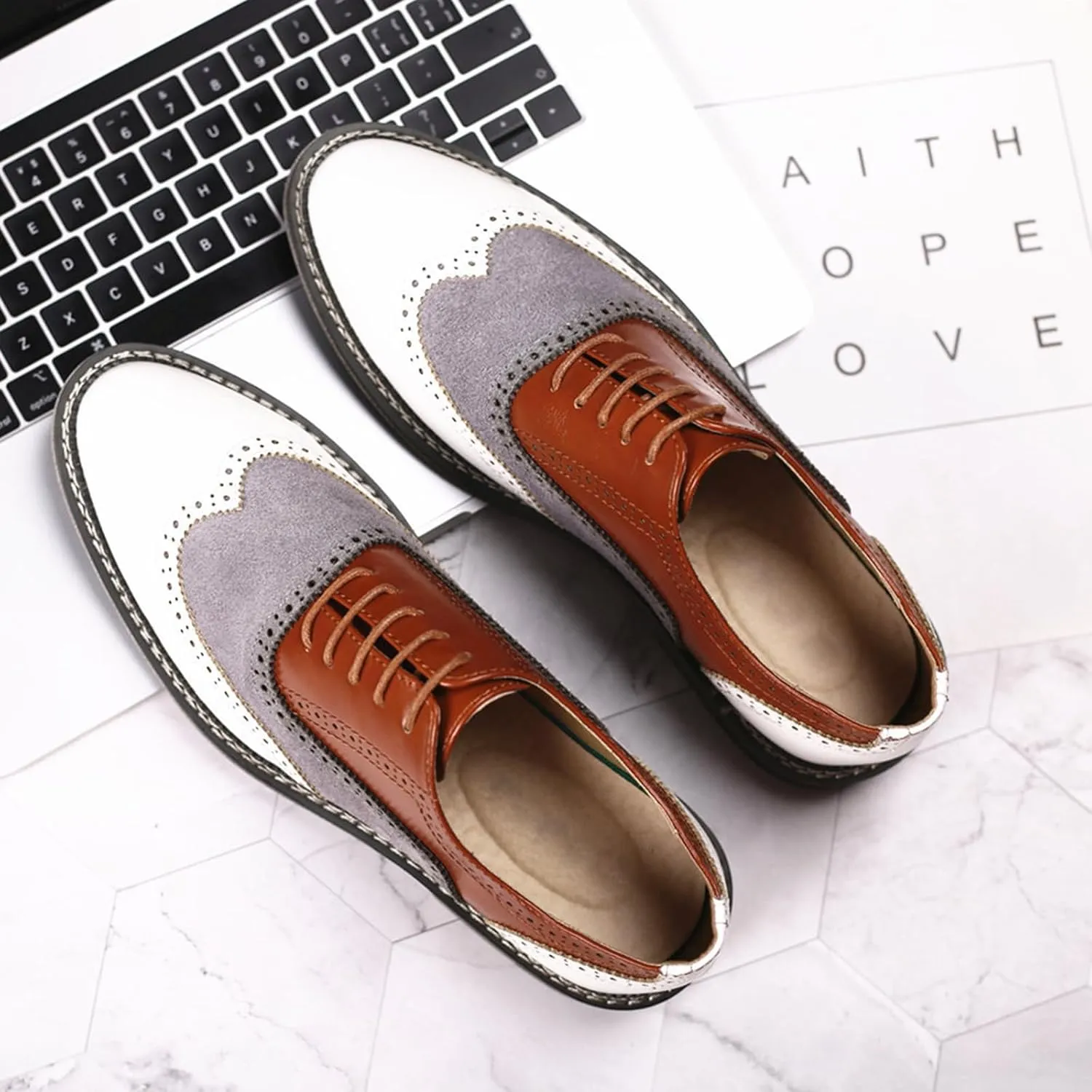 Men's Wingtip Two Tone Patchwork Brogue Oxfords Shoes: Fashion Classic Round-Toe Lace Up Low Top Leather Dress Shoes