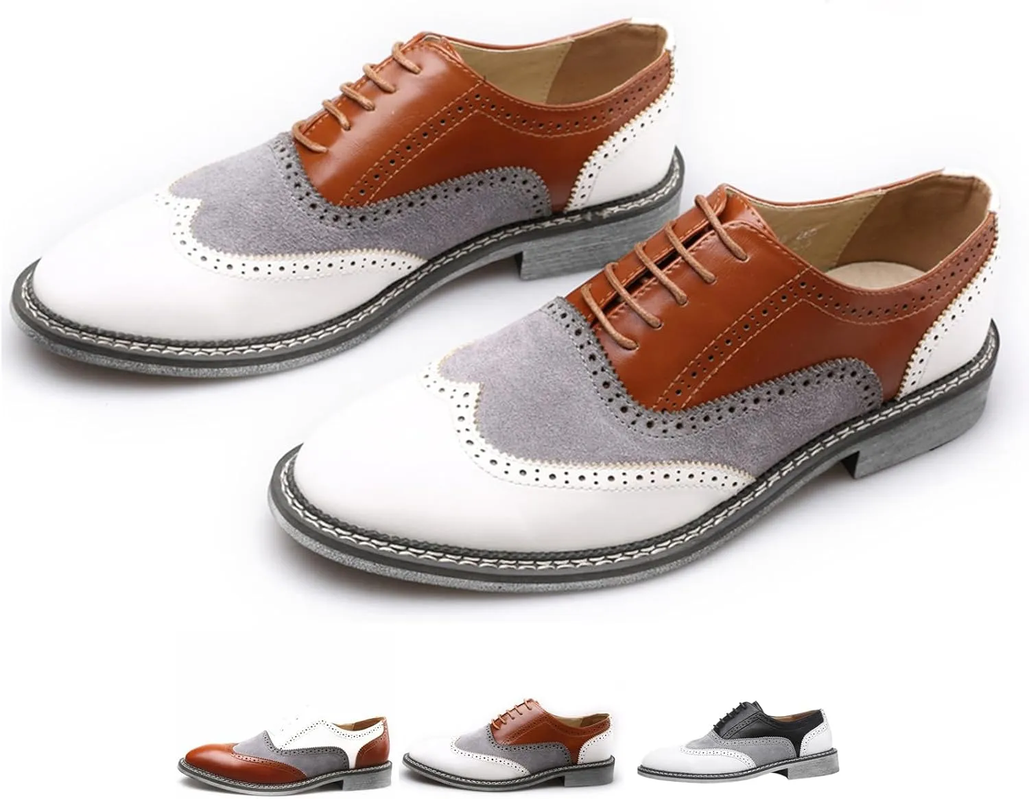 Men's Wingtip Two Tone Patchwork Brogue Oxfords Shoes: Fashion Classic Round-Toe Lace Up Low Top Leather Dress Shoes