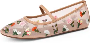 Mesh Flats for Women Mesh Ballet Flat Shoes for Dressy Office Ballerinas Mary Jane Flats with Embroidered