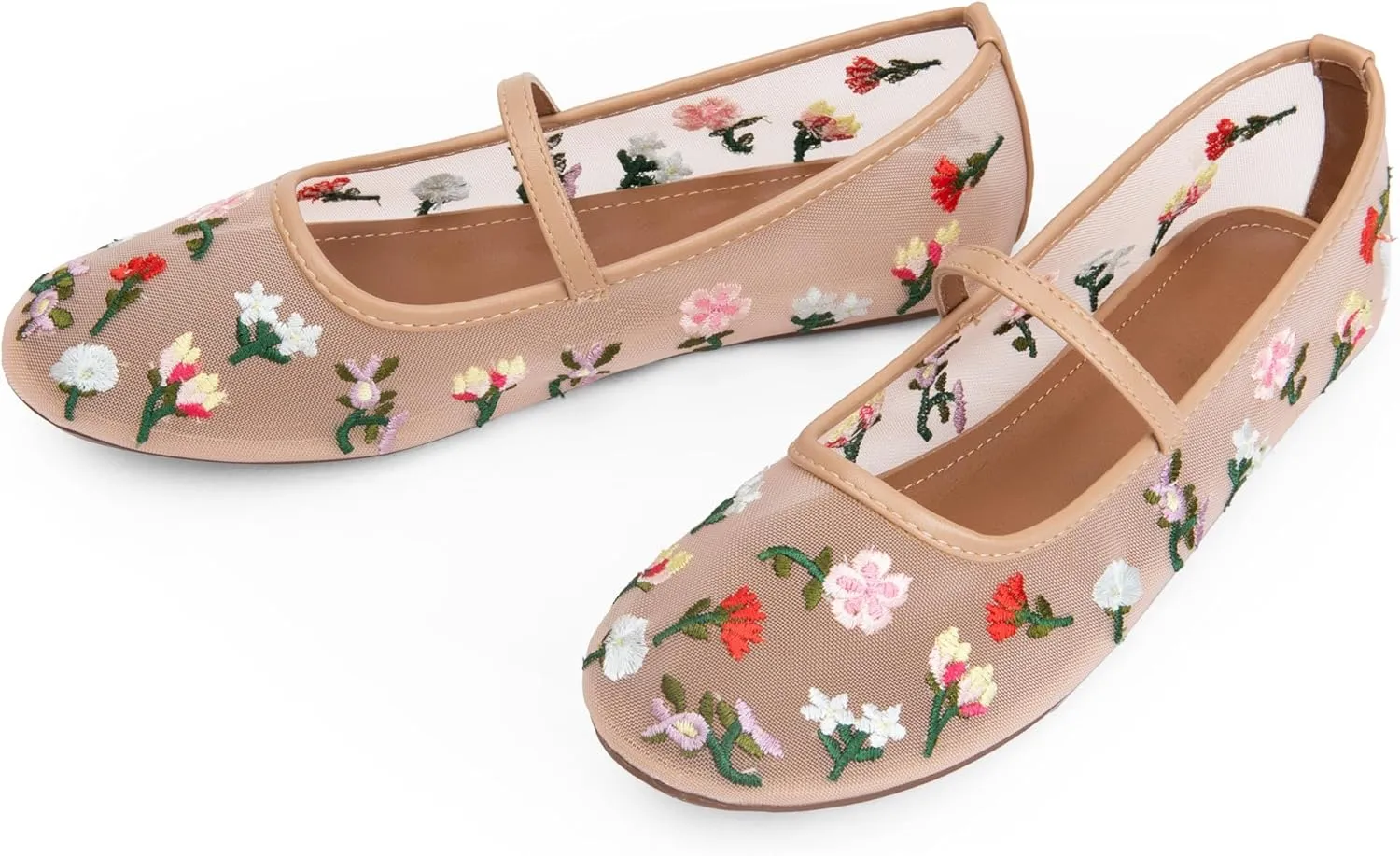 Mesh Flats for Women Mesh Ballet Flat Shoes for Dressy Office Ballerinas Mary Jane Flats with Embroidered
