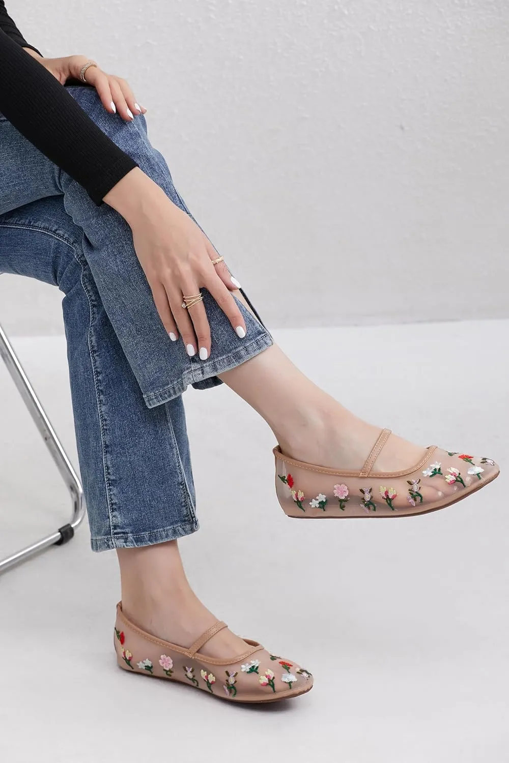 Mesh Flats for Women Mesh Ballet Flat Shoes for Dressy Office Ballerinas Mary Jane Flats with Embroidered