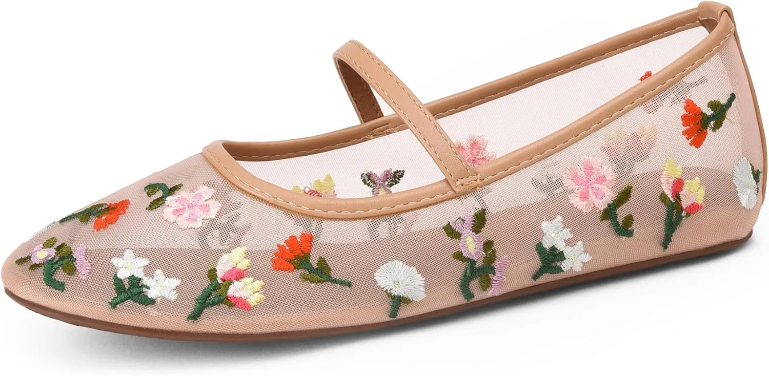 Mesh Flats for Women Mesh Ballet Flat Shoes for Dressy Office Ballerinas Mary Jane Flats with Embroidered