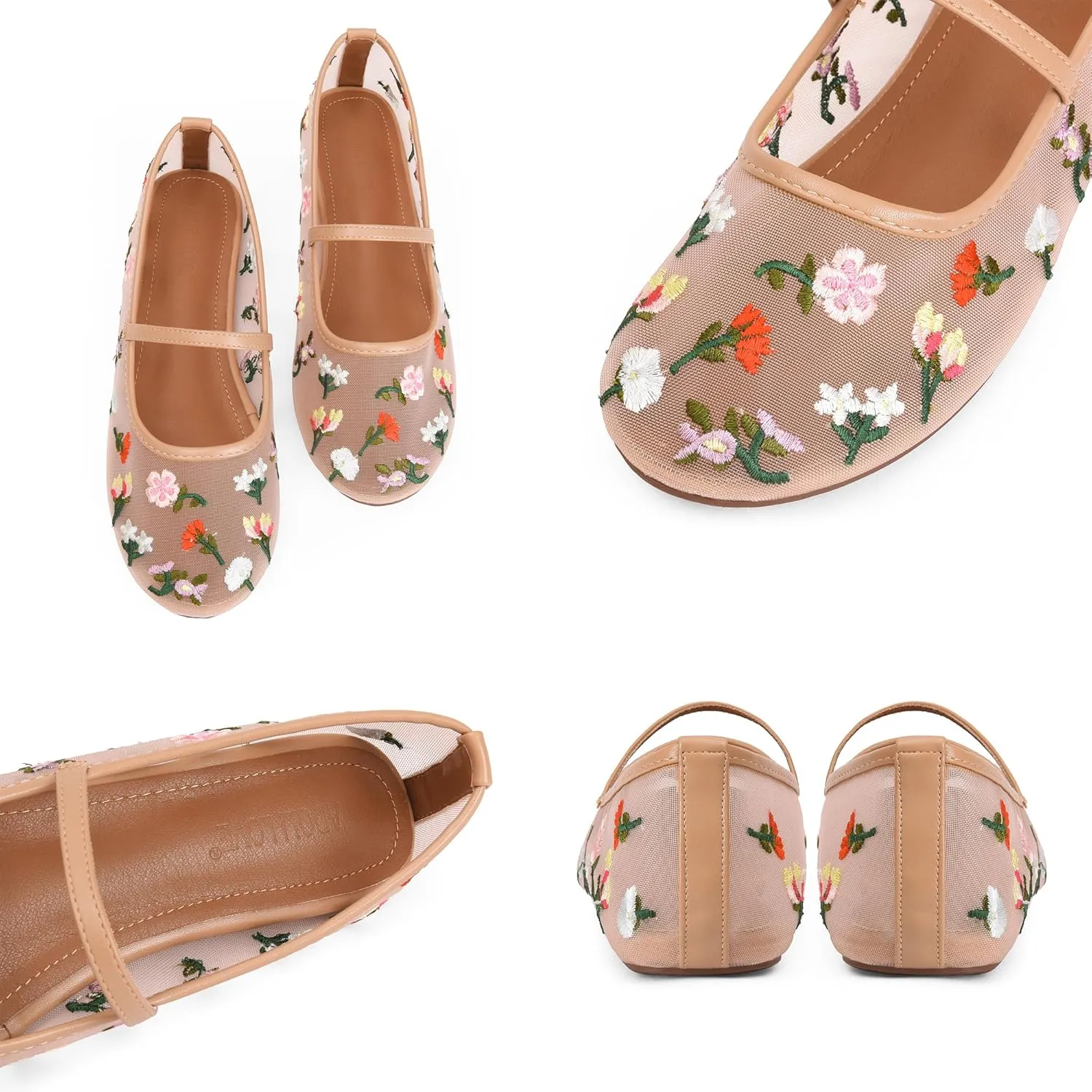 Mesh Flats for Women Mesh Ballet Flat Shoes for Dressy Office Ballerinas Mary Jane Flats with Embroidered