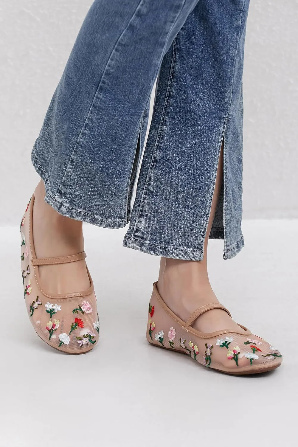 Mesh Flats for Women Mesh Ballet Flat Shoes for Dressy Office Ballerinas Mary Jane Flats with Embroidered