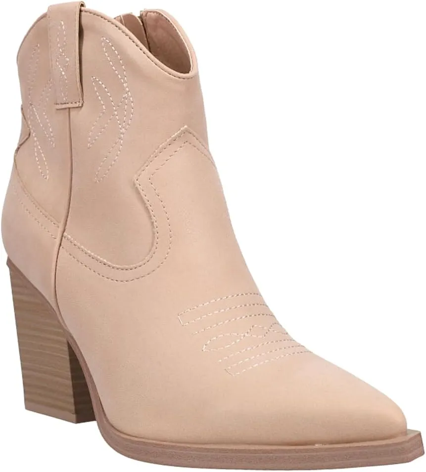 MIA Womens Sawyer Embroidered Pointed Toe Casual Boots Ankle Mid Heel 2-3" - Grey
