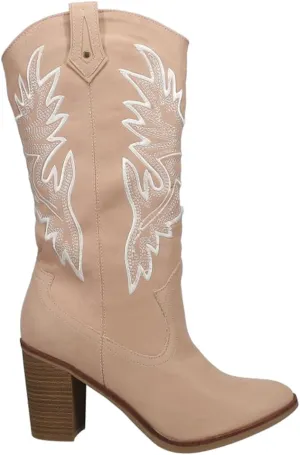MIA Womens Taley Embroidered Round Toe Casual Boots Mid Calf High Heel 3" & Up - Beige