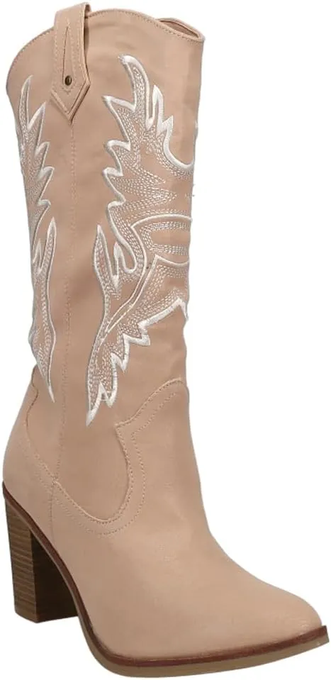 MIA Womens Taley Embroidered Round Toe Casual Boots Mid Calf High Heel 3" & Up - Beige