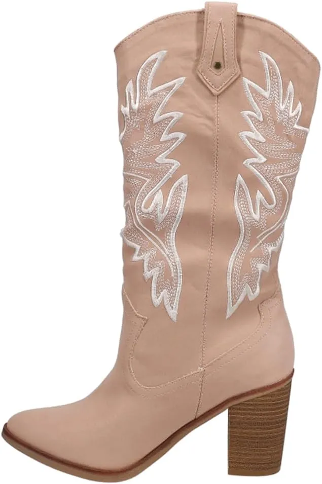 MIA Womens Taley Embroidered Round Toe Casual Boots Mid Calf High Heel 3" & Up - Beige