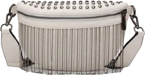 Mily Women Girls Glitter Rhinestone Tassel Crossbody Shoulder Bag Leather Fanny Pack Rivet Chest Fashion Waist, 5942 White (bb-05942-02S)