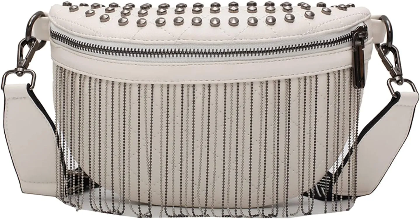Mily Women Girls Glitter Rhinestone Tassel Crossbody Shoulder Bag Leather Fanny Pack Rivet Chest Fashion Waist, 5942 White (bb-05942-02S)