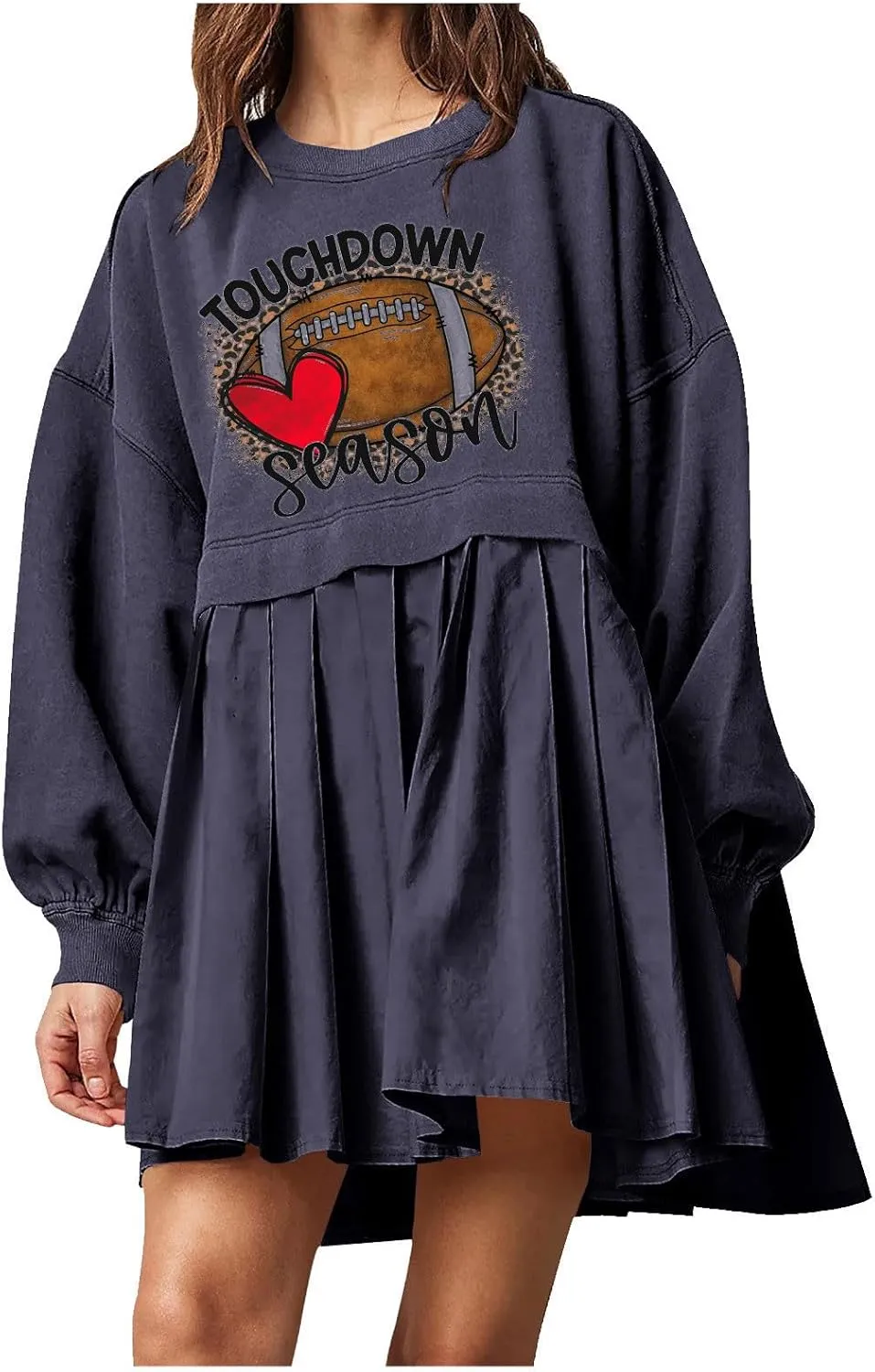 Mini Dresses for Women Long Sleeve Crewneck Patchwork Sweatshirt Dress Funny Print Graphic Tee Shirts Pullover Dress