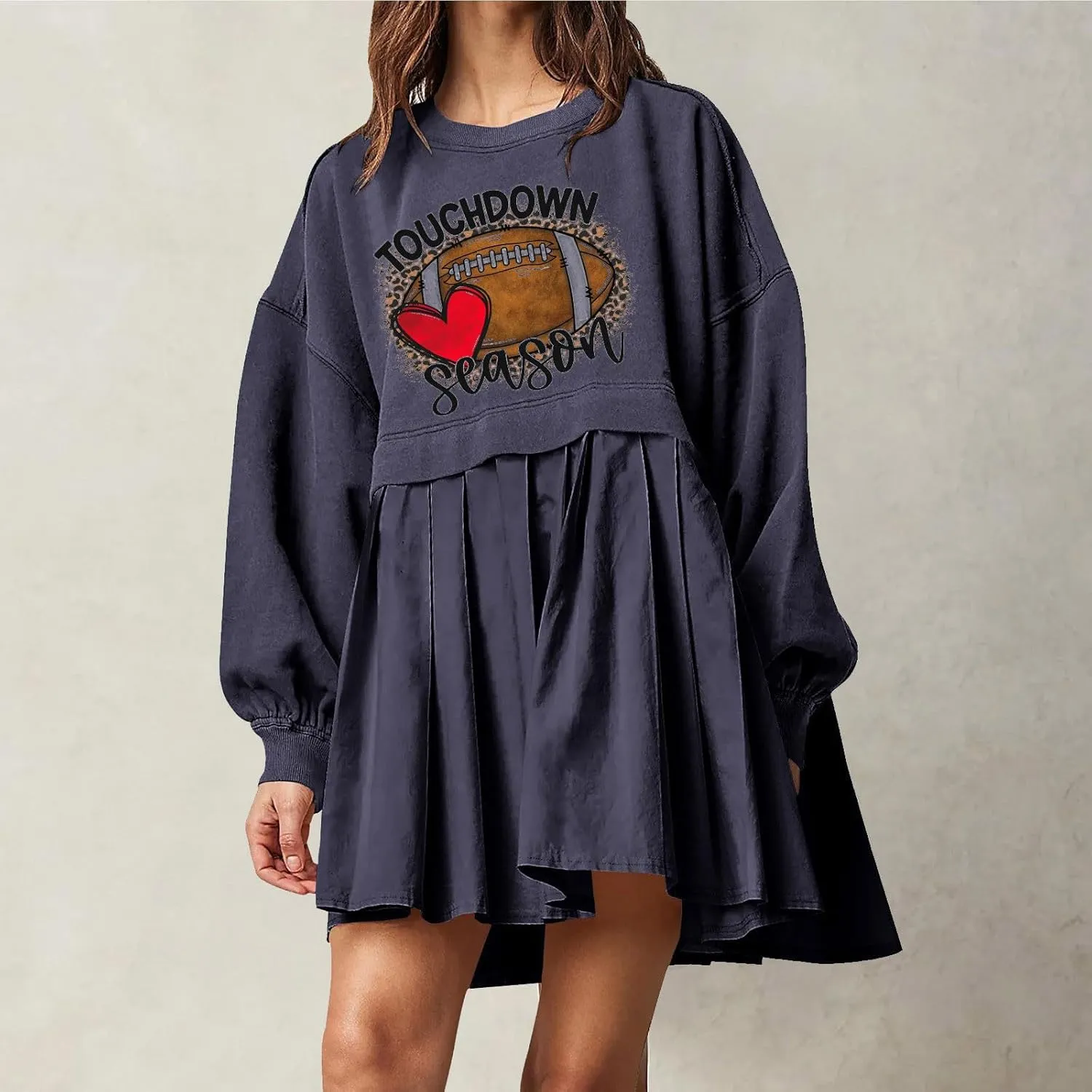 Mini Dresses for Women Long Sleeve Crewneck Patchwork Sweatshirt Dress Funny Print Graphic Tee Shirts Pullover Dress