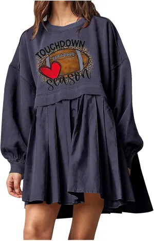 Mini Dresses for Women Long Sleeve Crewneck Patchwork Sweatshirt Dress Funny Print Graphic Tee Shirts Pullover Dress