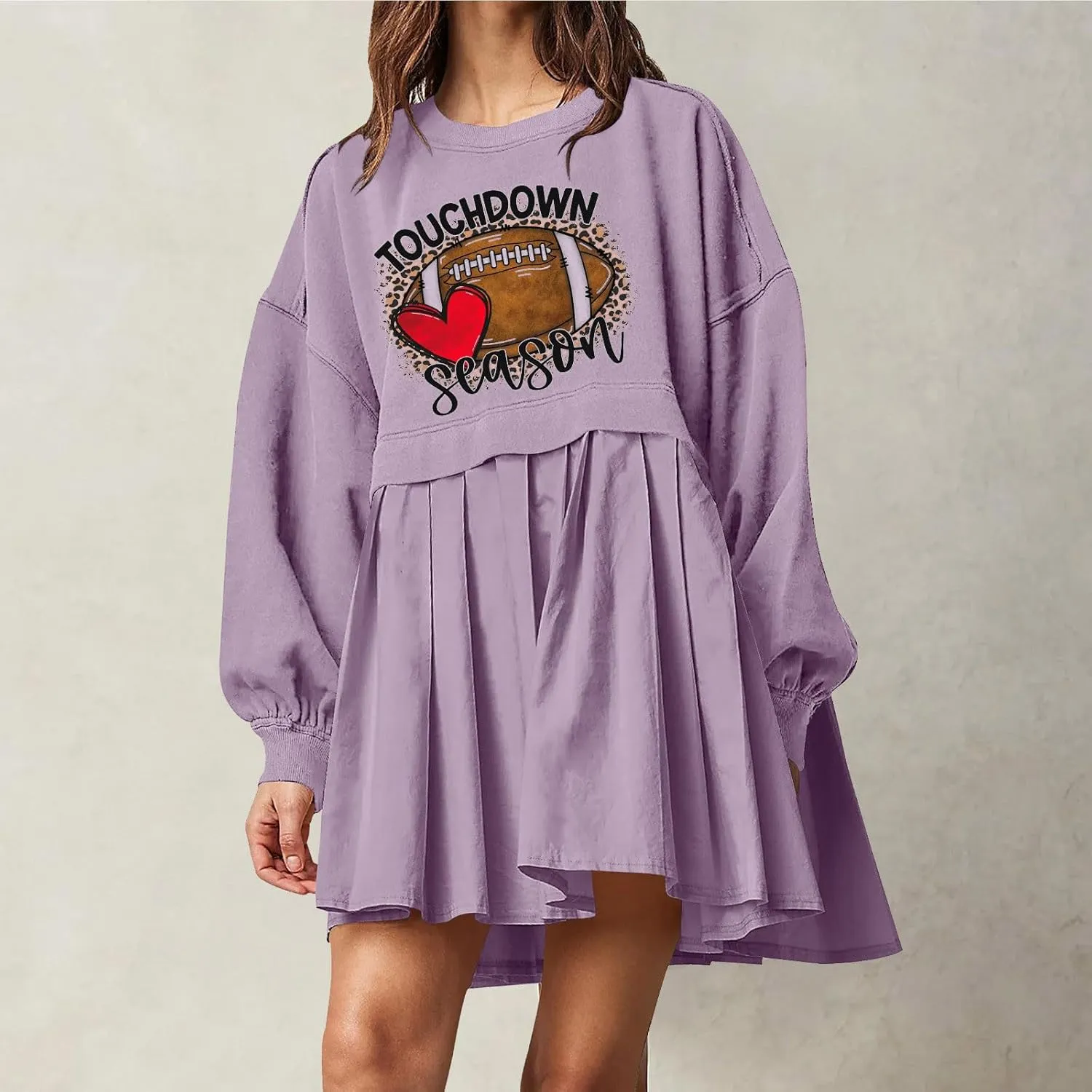 Mini Dresses for Women Long Sleeve Crewneck Patchwork Sweatshirt Dress Funny Print Graphic Tee Shirts Pullover Dress