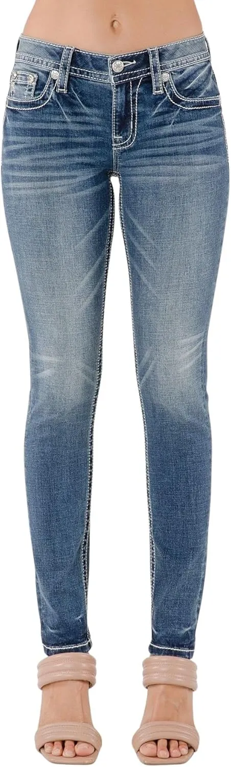 Miss Me Women's Ariella Wing Embellished Faux Flap Pockets Mid-Rise Skinny Jeans