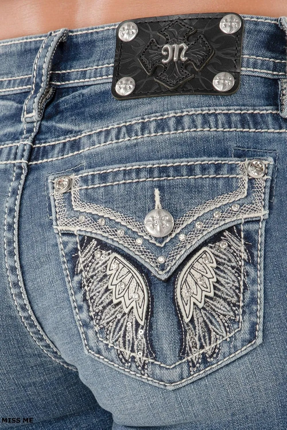 Miss Me Women's Ariella Wing Embellished Faux Flap Pockets Mid-Rise Skinny Jeans