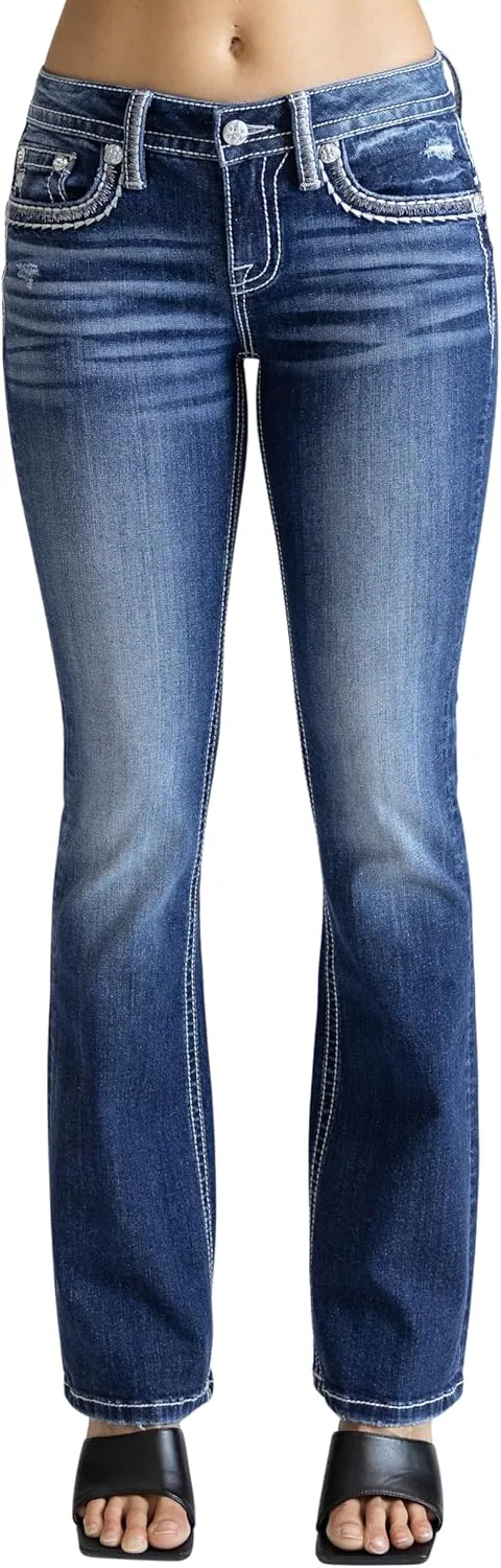 Miss Me Women's Saddle Stitched Nora Faux Flap Pocket Mid-Rise Bootcut Jeans