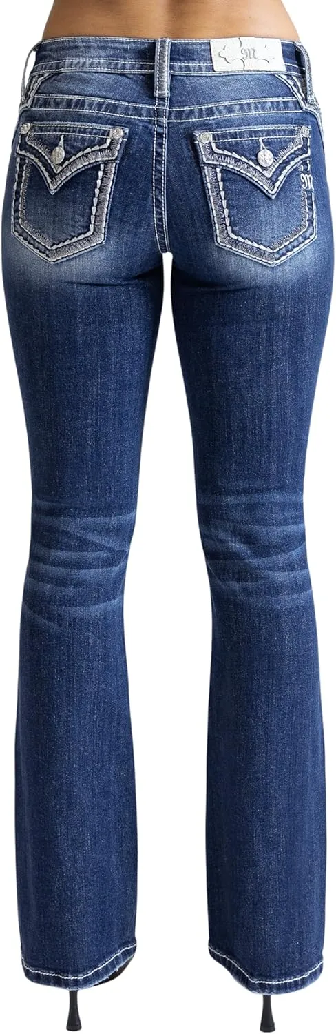 Miss Me Women's Saddle Stitched Nora Faux Flap Pocket Mid-Rise Bootcut Jeans