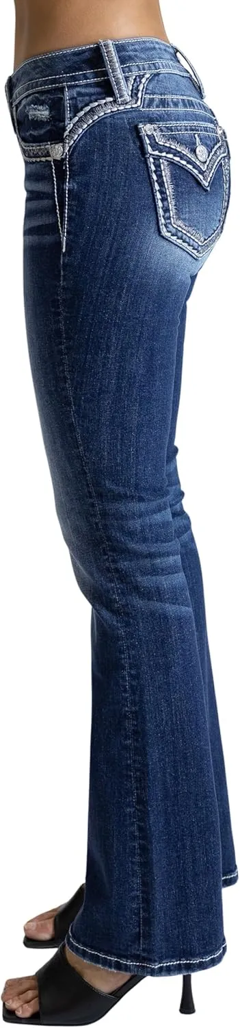 Miss Me Women's Saddle Stitched Nora Faux Flap Pocket Mid-Rise Bootcut Jeans