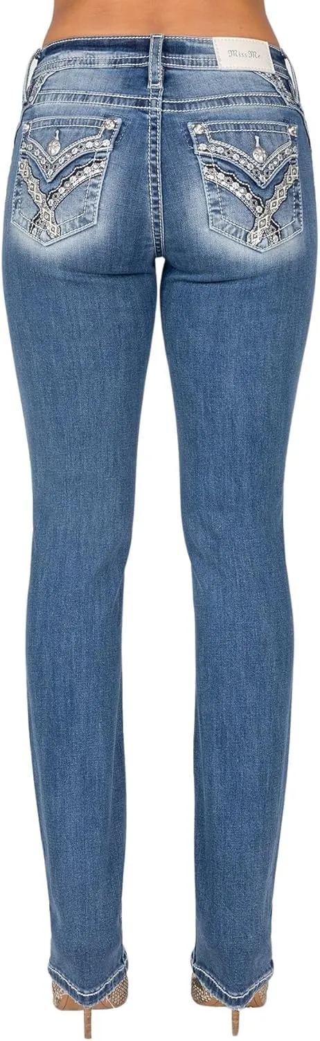 Miss Me Women's V Geometric Abstract Stitch Faux Flap Pockets Mid-Rise Straight Jeans
