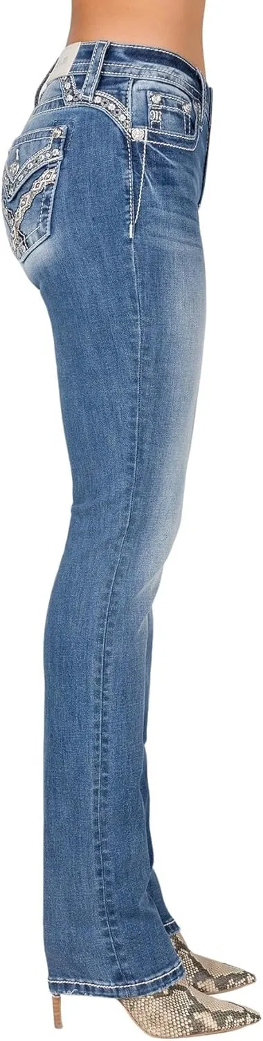 Miss Me Women's V Geometric Abstract Stitch Faux Flap Pockets Mid-Rise Straight Jeans