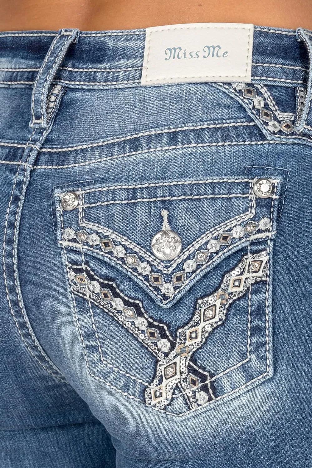 Miss Me Women's V Geometric Abstract Stitch Faux Flap Pockets Mid-Rise Straight Jeans