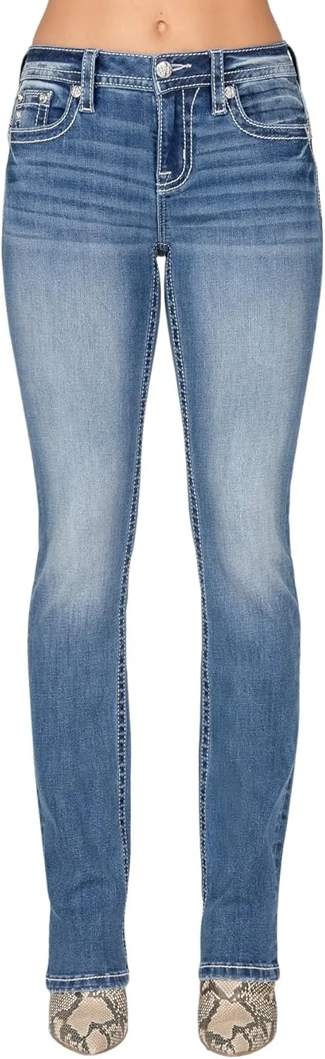 Miss Me Women's V Geometric Abstract Stitch Faux Flap Pockets Mid-Rise Straight Jeans