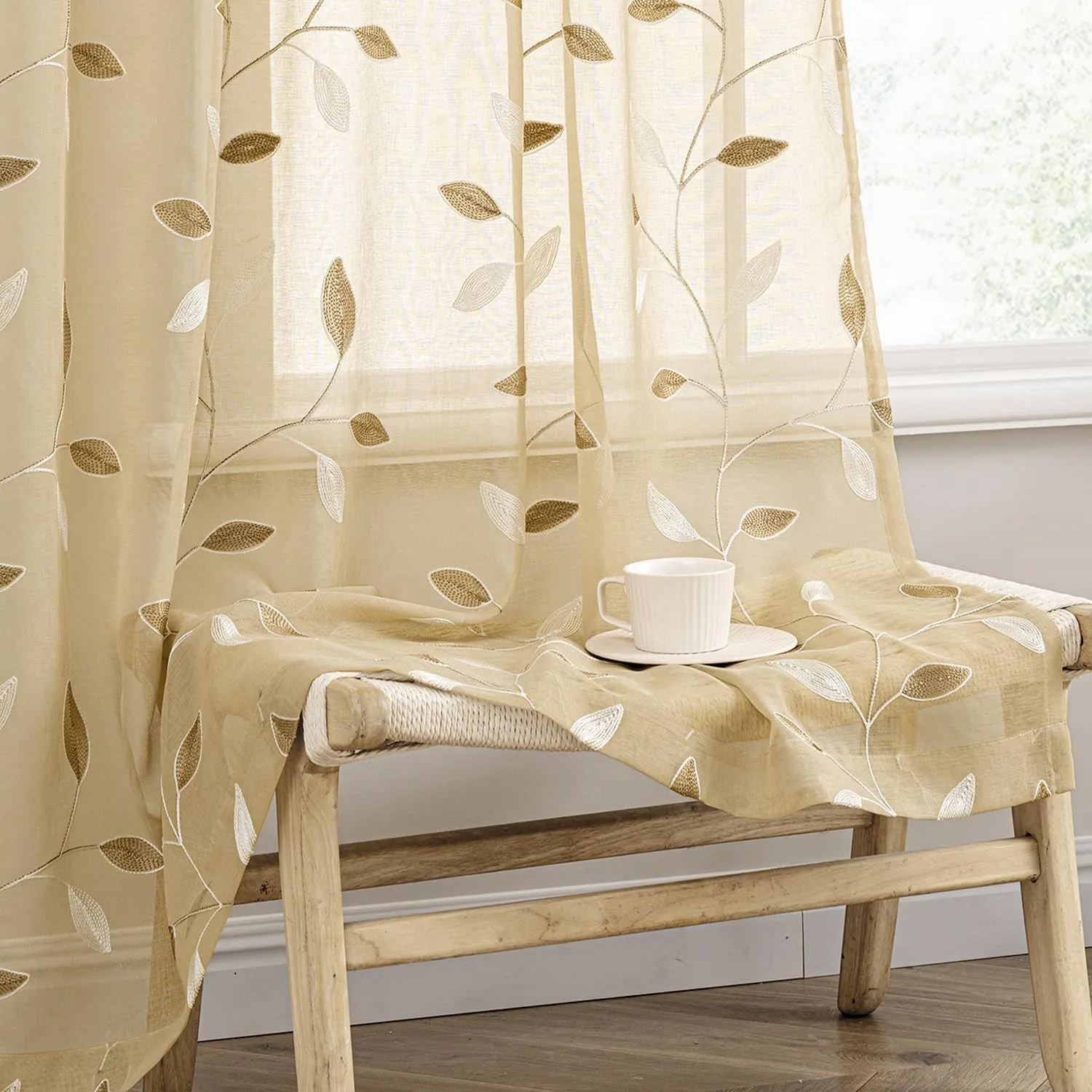 MIULEE Beige Sheer Curtains 2 Panels Embroidered Leaf Patterned Rod Pocket Floral Semi Sheer Faux Linen Window Curtains Drapes Set for Living Room Bedroom Dining Room, 52x63 Inches Length