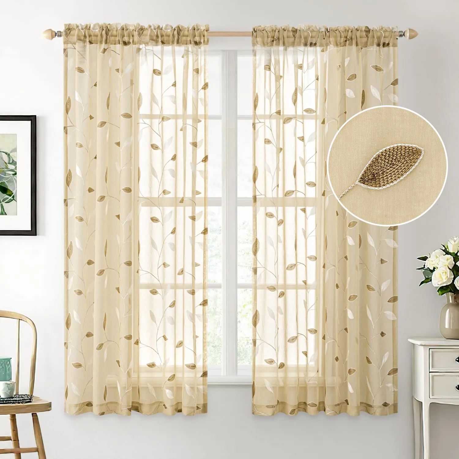MIULEE Beige Sheer Curtains 2 Panels Embroidered Leaf Patterned Rod Pocket Floral Semi Sheer Faux Linen Window Curtains Drapes Set for Living Room Bedroom Dining Room, 52x63 Inches Length