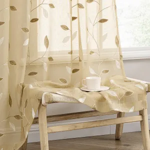 MIULEE Beige Sheer Curtains 2 Panels Embroidered Leaf Patterned Rod Pocket Floral Semi Sheer Faux Linen Window Curtains Drapes Set for Living Room Bedroom Dining Room, 52x63 Inches Length