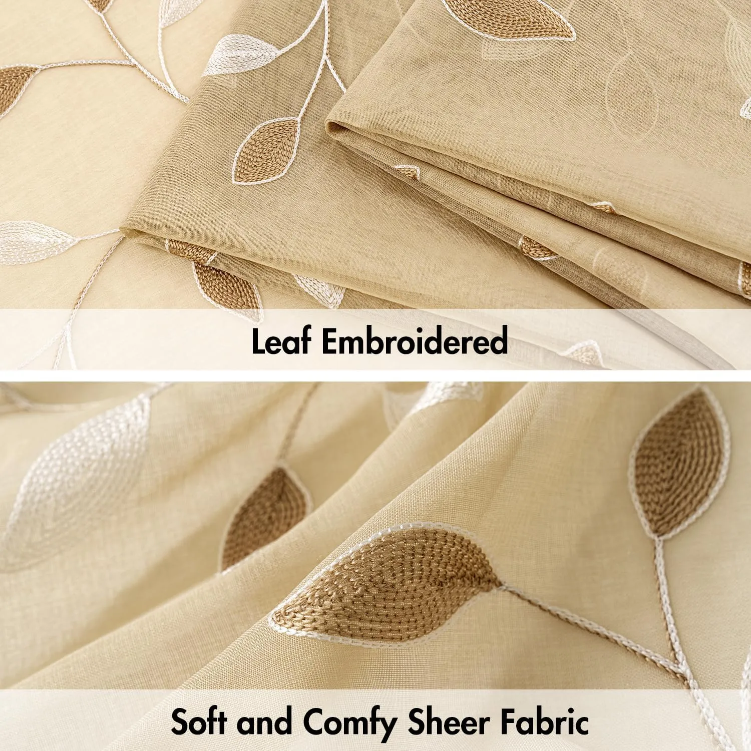 MIULEE Beige Sheer Curtains 2 Panels Embroidered Leaf Patterned Rod Pocket Floral Semi Sheer Faux Linen Window Curtains Drapes Set for Living Room Bedroom Dining Room, 52x63 Inches Length