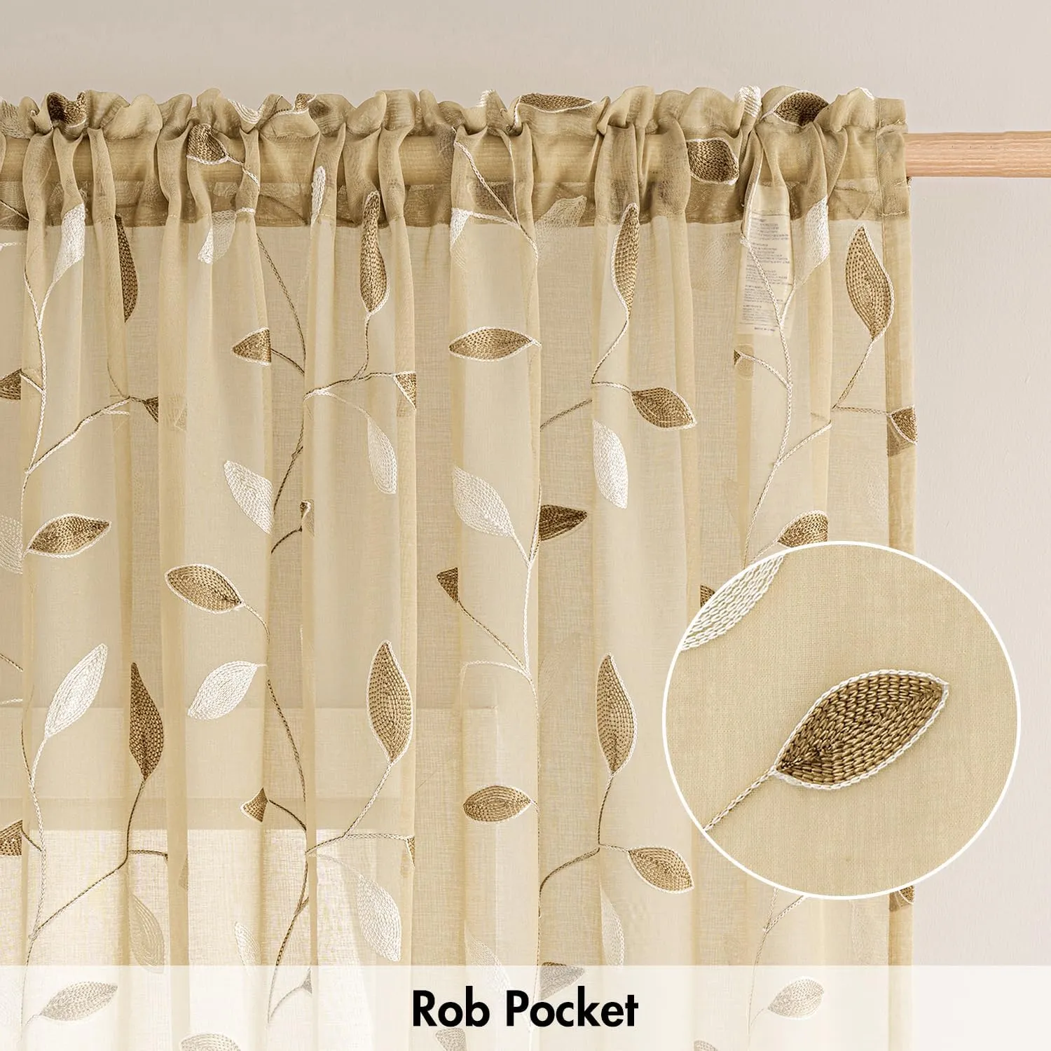 MIULEE Beige Sheer Curtains 2 Panels Embroidered Leaf Patterned Rod Pocket Floral Semi Sheer Faux Linen Window Curtains Drapes Set for Living Room Bedroom Dining Room, 52x63 Inches Length