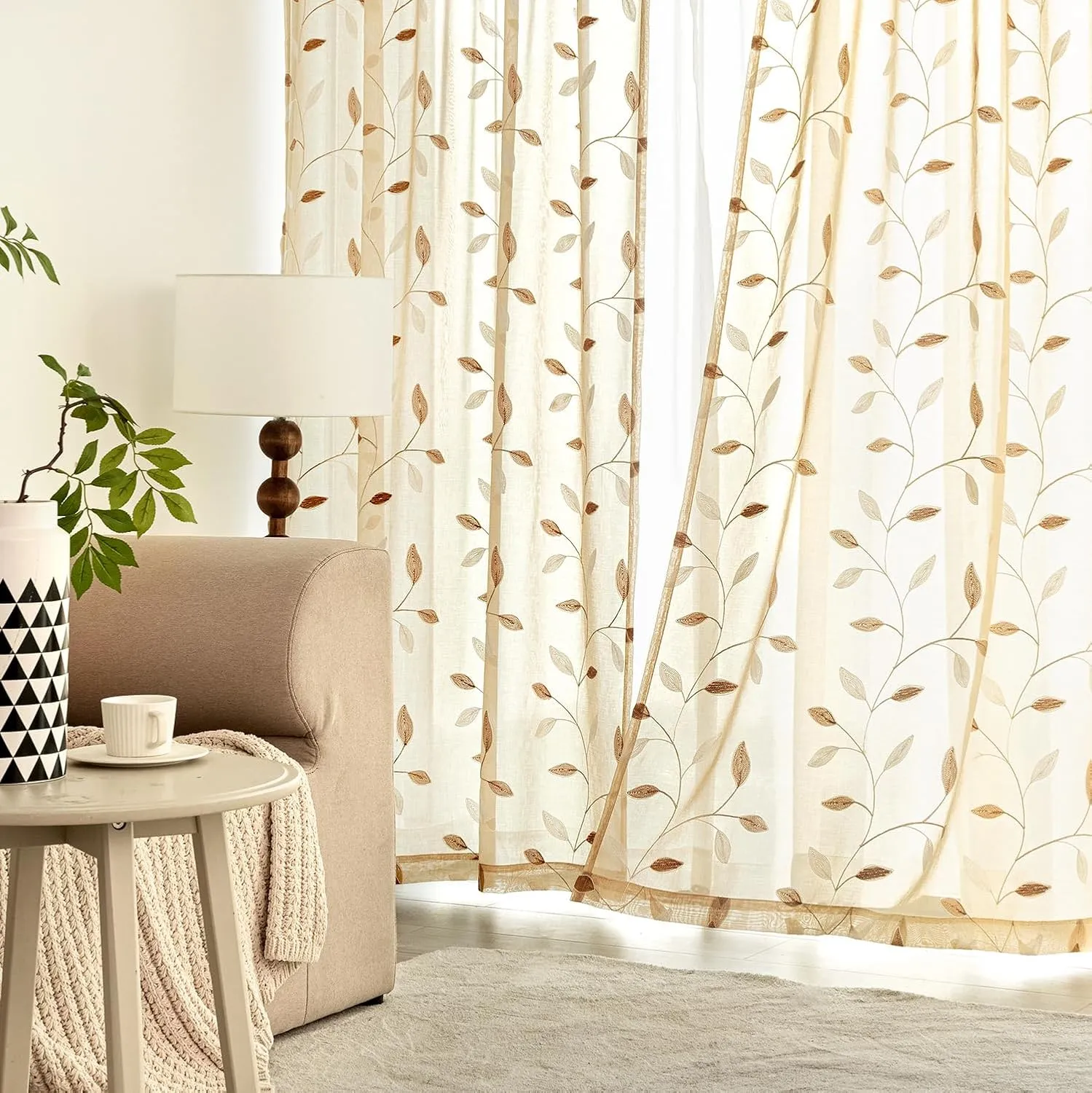 MIULEE Beige Sheer Curtains 2 Panels Embroidered Leaf Patterned Rod Pocket Floral Semi Sheer Faux Linen Window Curtains Drapes Set for Living Room Bedroom Dining Room, 52x63 Inches Length