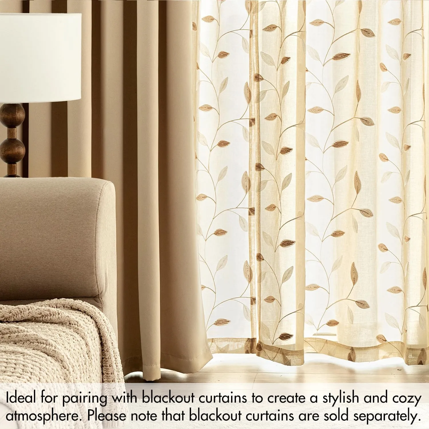 MIULEE Beige Sheer Curtains 2 Panels Embroidered Leaf Patterned Rod Pocket Floral Semi Sheer Faux Linen Window Curtains Drapes Set for Living Room Bedroom Dining Room, 52x63 Inches Length
