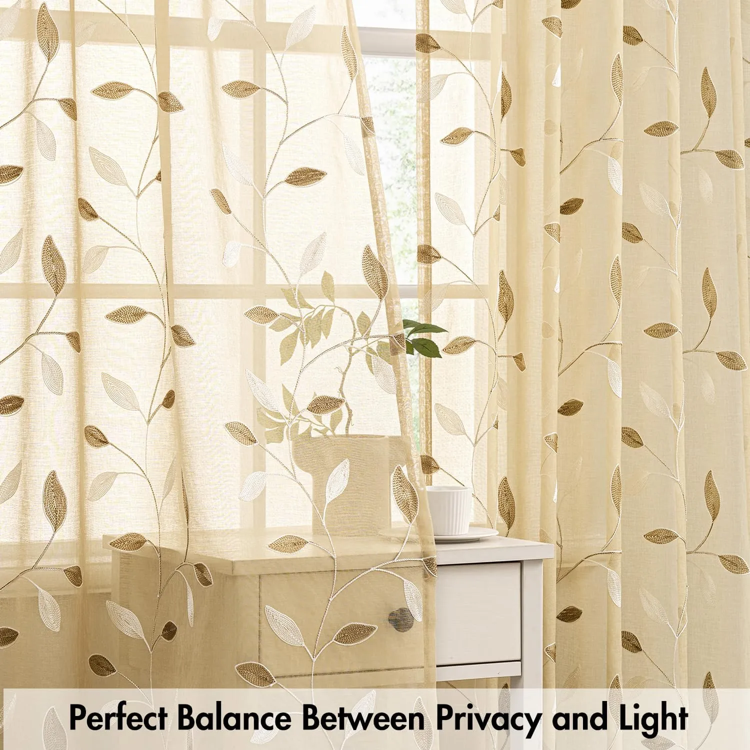 MIULEE Beige Sheer Curtains 2 Panels Embroidered Leaf Patterned Rod Pocket Floral Semi Sheer Faux Linen Window Curtains Drapes Set for Living Room Bedroom Dining Room, 52x63 Inches Length