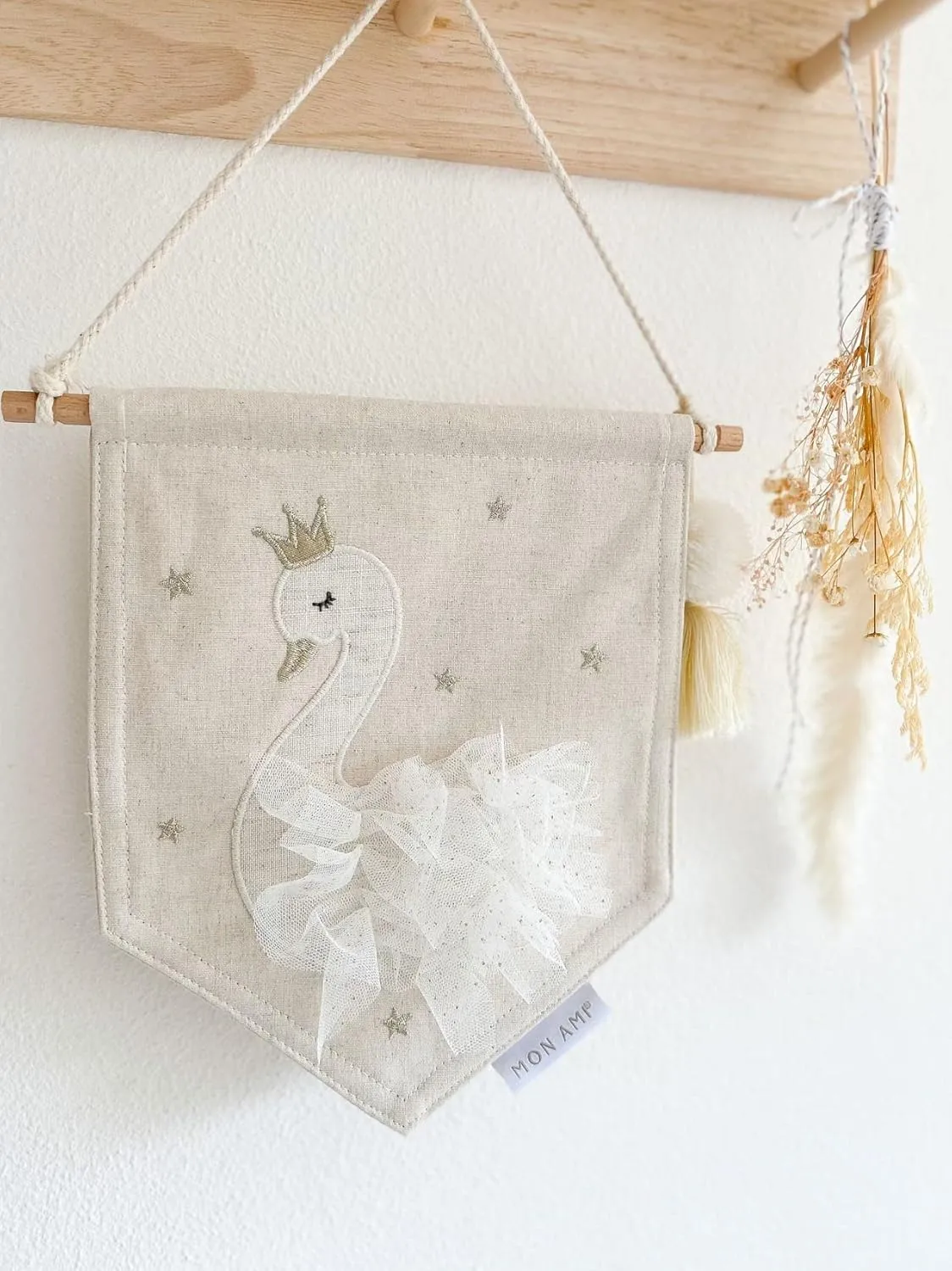 MON AMI Embroidered Swan Hanging Wall Canvas Banner – 10”, Wall Decor For Nursery, Kids, Teen’s Bedroom & Playroom