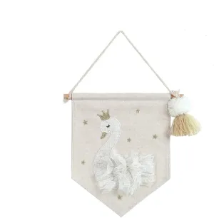 MON AMI Embroidered Swan Hanging Wall Canvas Banner – 10”, Wall Decor For Nursery, Kids, Teen’s Bedroom & Playroom