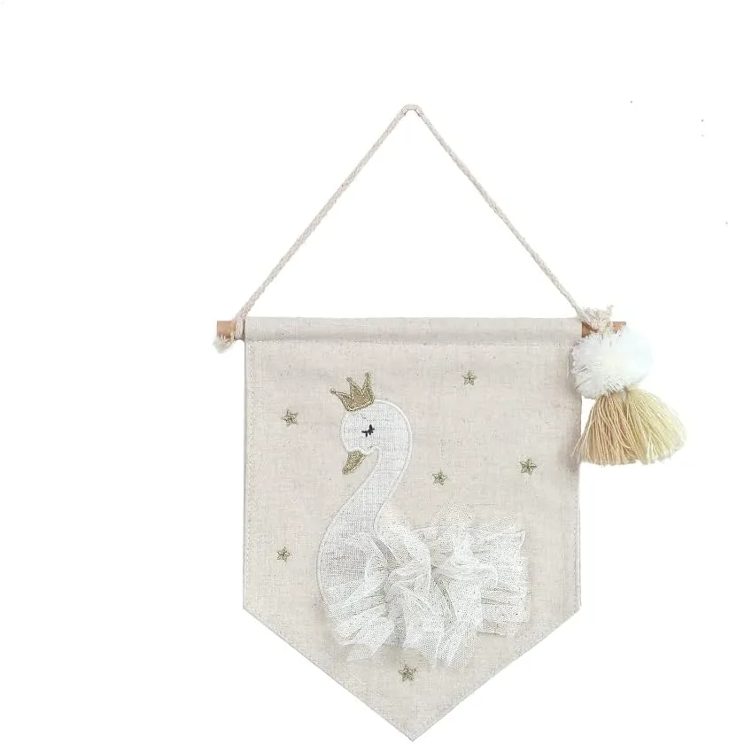 MON AMI Embroidered Swan Hanging Wall Canvas Banner – 10”, Wall Decor For Nursery, Kids, Teen’s Bedroom & Playroom
