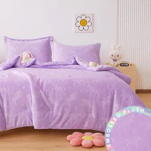 Mooreeke Twin Kids Comforter Bed Set, Embossed Plush Fleece Soft & Warm 2 Piece Bed in A Bag with Shams, Velour Velvet Purple Unicorn Girls Kids Bedding Set, Fluffy Fuzzy Polar Cozy and Stylish
