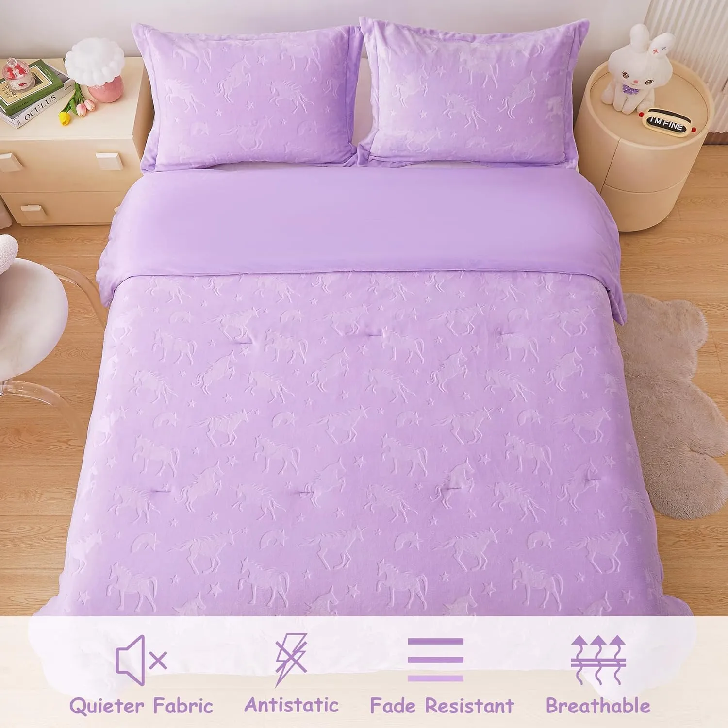 Mooreeke Twin Kids Comforter Bed Set, Embossed Plush Fleece Soft & Warm 2 Piece Bed in A Bag with Shams, Velour Velvet Purple Unicorn Girls Kids Bedding Set, Fluffy Fuzzy Polar Cozy and Stylish