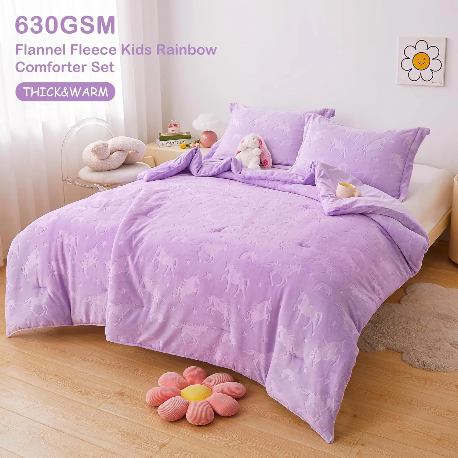 Mooreeke Twin Kids Comforter Bed Set, Embossed Plush Fleece Soft & Warm 2 Piece Bed in A Bag with Shams, Velour Velvet Purple Unicorn Girls Kids Bedding Set, Fluffy Fuzzy Polar Cozy and Stylish