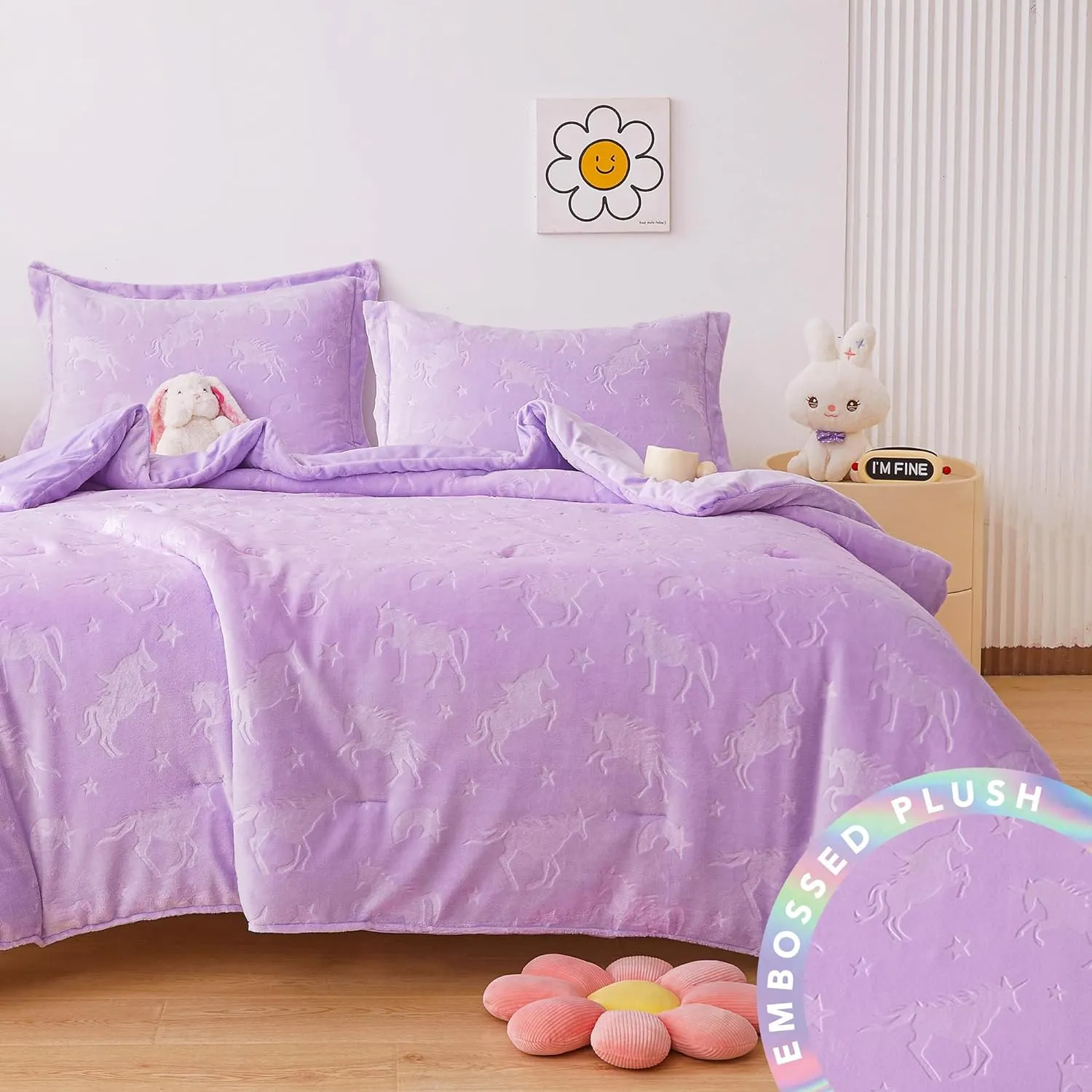 Mooreeke Twin Kids Comforter Bed Set, Embossed Plush Fleece Soft & Warm 2 Piece Bed in A Bag with Shams, Velour Velvet Purple Unicorn Girls Kids Bedding Set, Fluffy Fuzzy Polar Cozy and Stylish