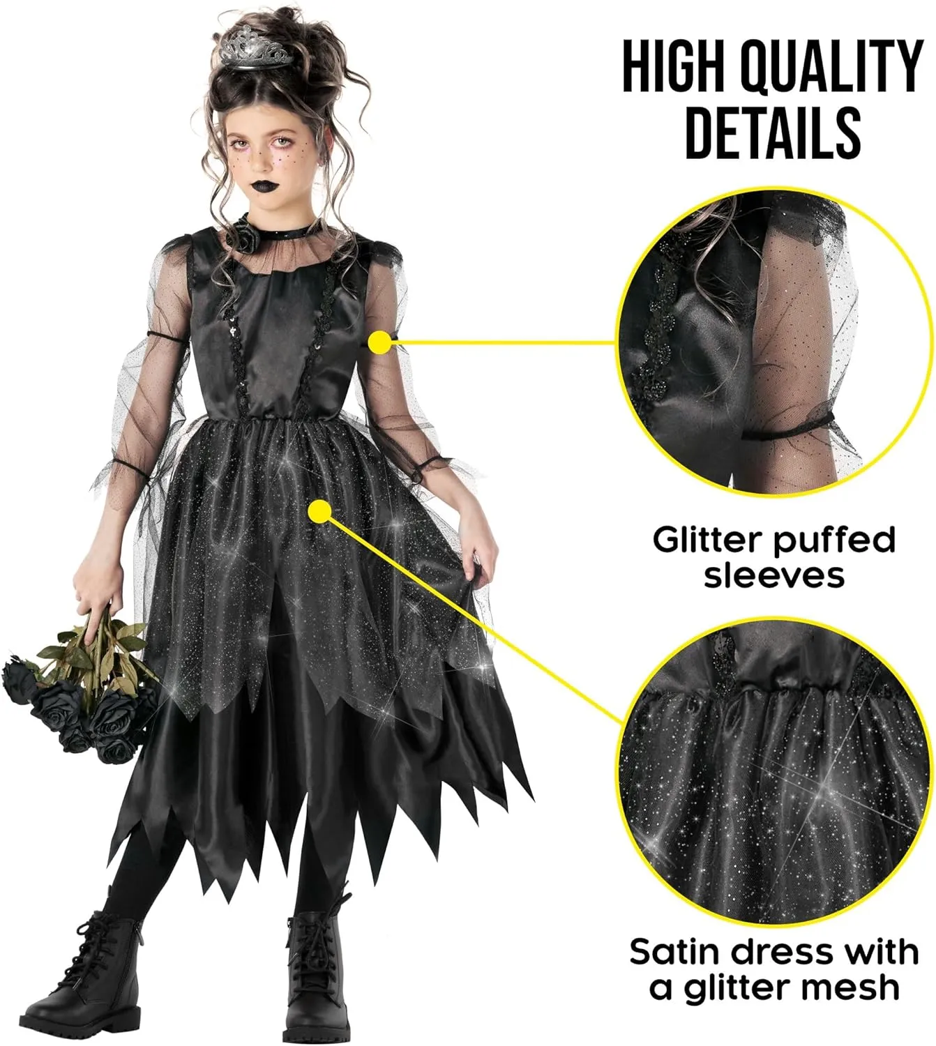 Morph Kids Gothic Witch Costume For Girls - Black Witch Dress For Kids - Spooky Halloween Outfit For Girls