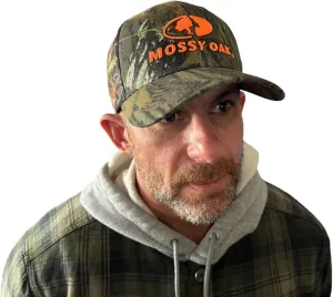 Mossy Oak BU Blaze Orange Logo Camo MESH Trucker Hat Cap with Snapback Wicking Sweatband Precurved Visor (Break Up)