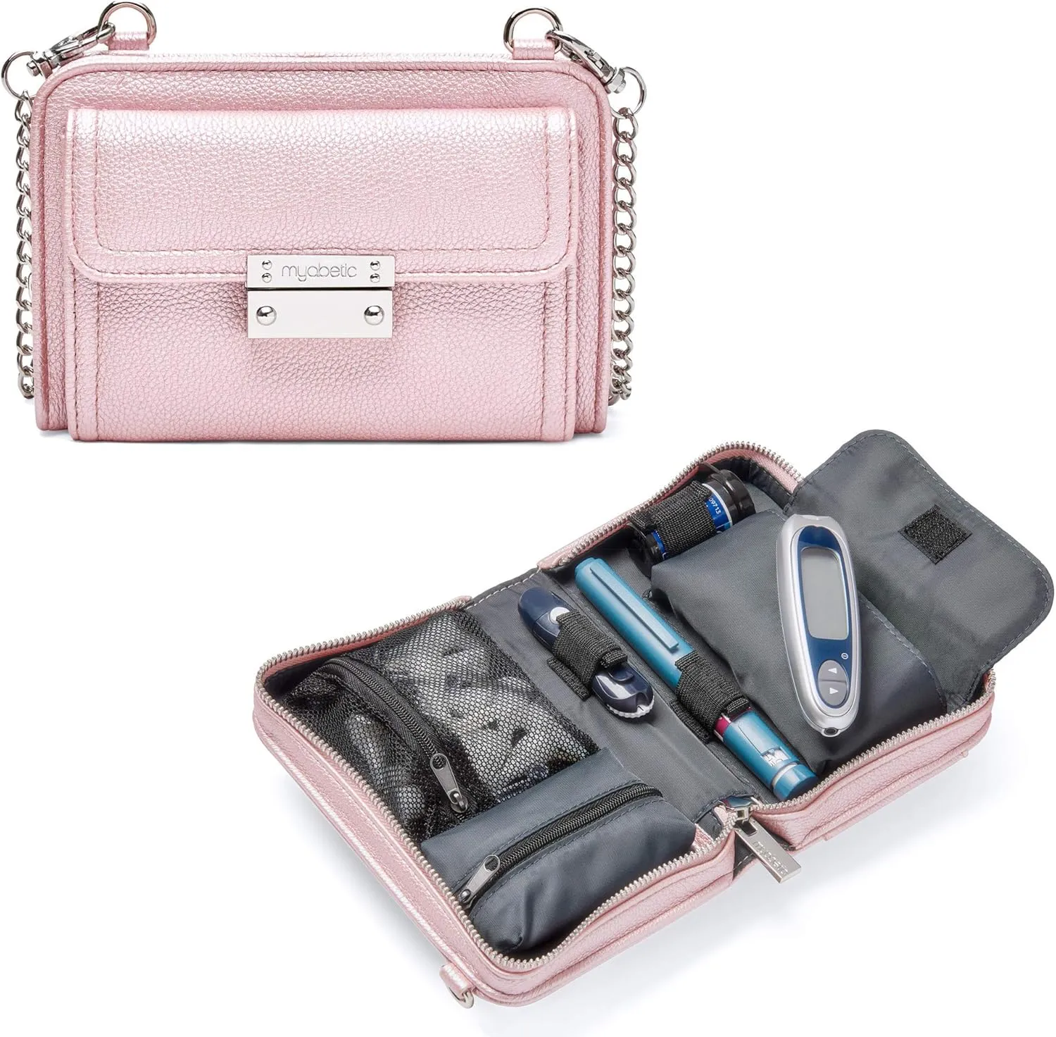 Myabetic Tina Diabetes Mini Crossbody for Glucose Meter, Test Strips, Insulin Pen or Vial, Keys, Credit Cards (Pink Frost)