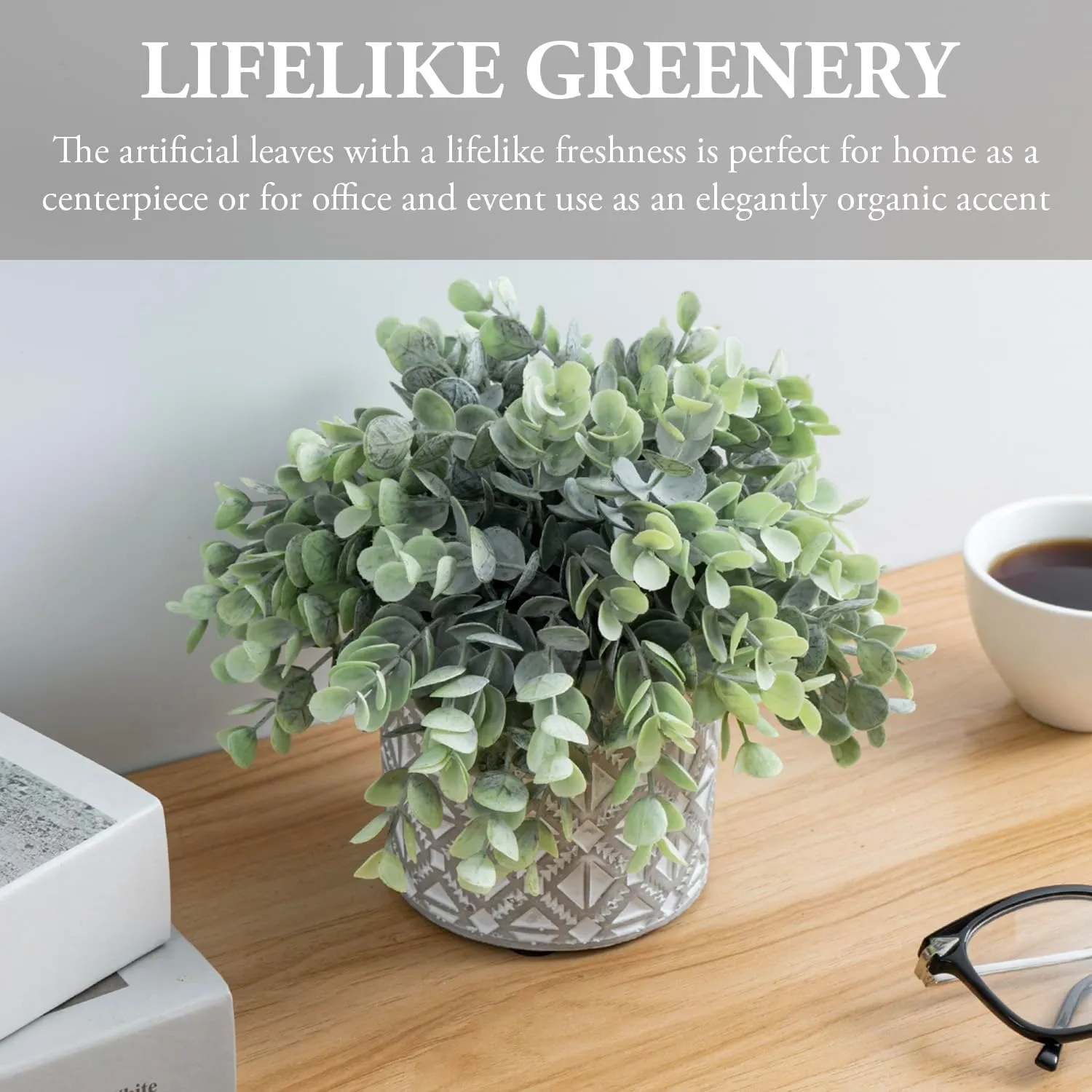 MyGift Artificial Eucalyptus Plant in Modern Gray Concrete Pots with Geometric Embossed Pattern (1, Grey)