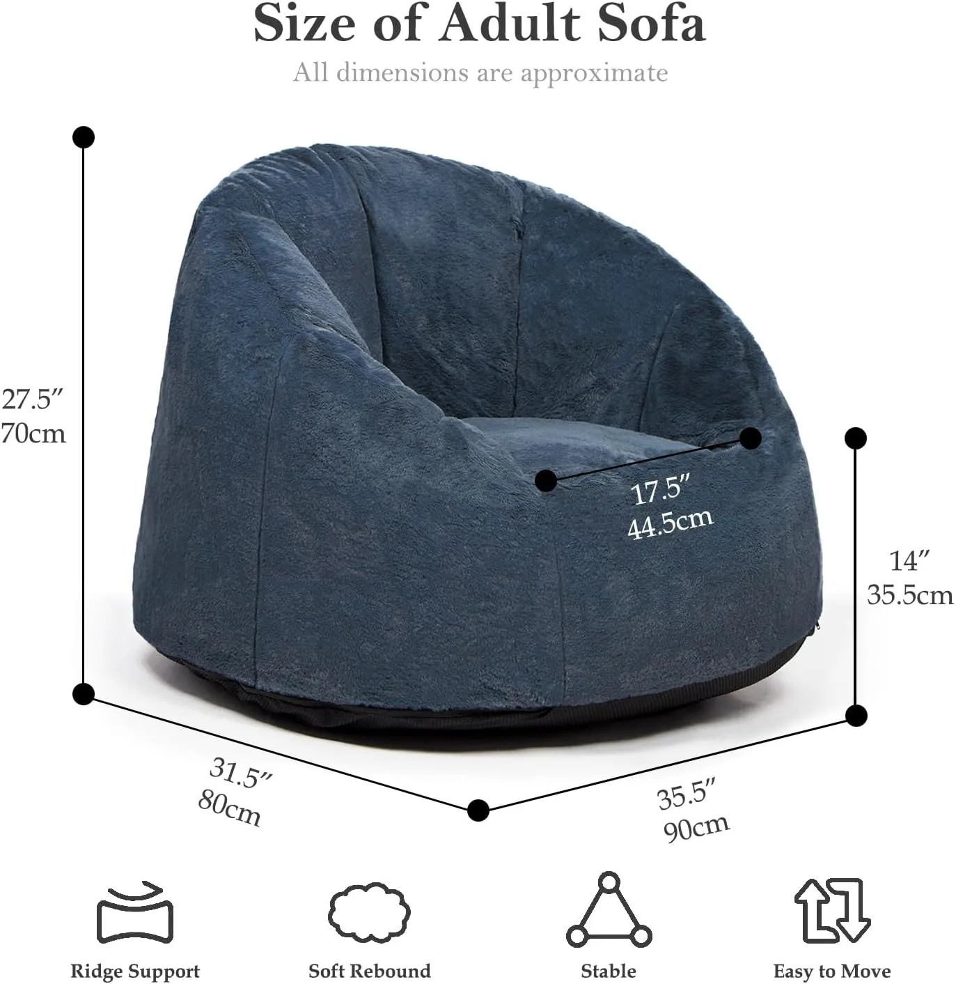 N&V Medium Shell Bean Bag Chair, Adult Size Bean Bag Sack, Foam Filling, Includes Removable and Machine Washable Cover, 37in, Soft Faux Fur, Blue